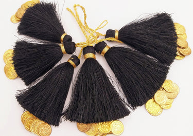 Black Tassels Latkan With Metal Coins, Black Handmade Sewing Latkans, Black And Gold Latkan